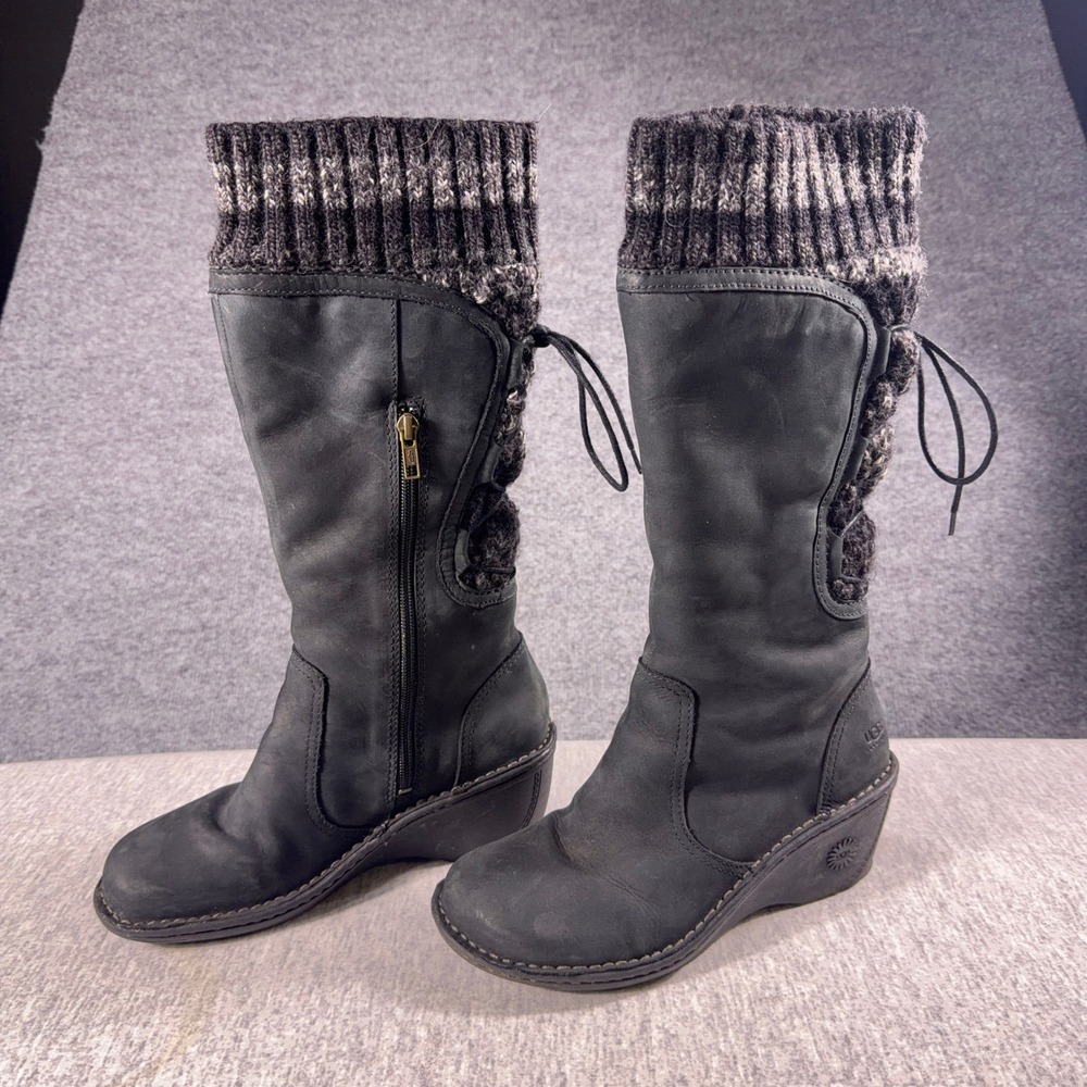 Ugg Australia Womens Black Leather Knit Cuff Wedge Boots Mid Calf Lace Up Zipper